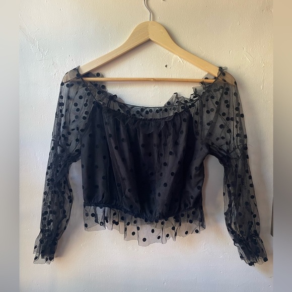 SHEIN Tops - SHEIN Black Lace Polka Dot Sheer Crop Top Size Large
